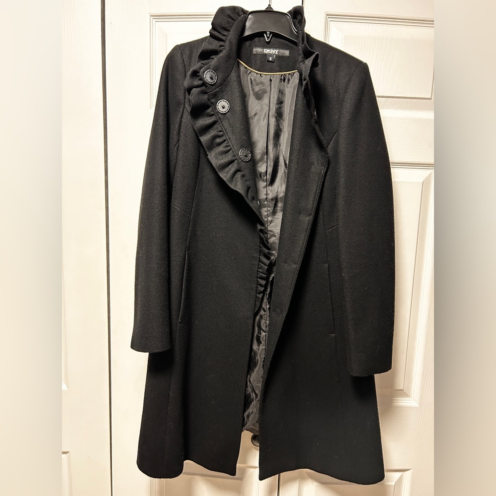 DKNY Black Wool Trench Coat with Ruffled Collar